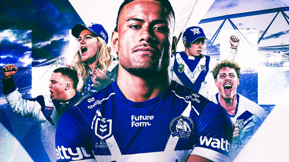 Collage of sports players in blue and white uniforms with visible branding.