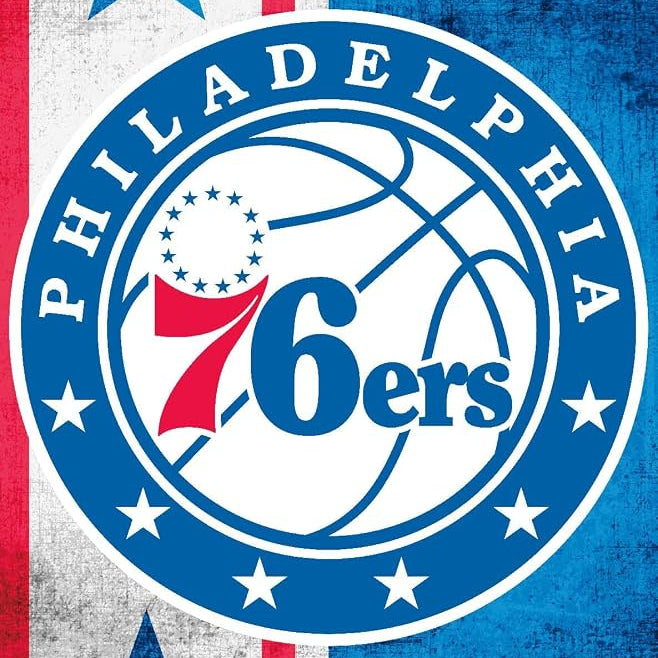Philadelphia 76ers logo on a textured background with stars and stripes.