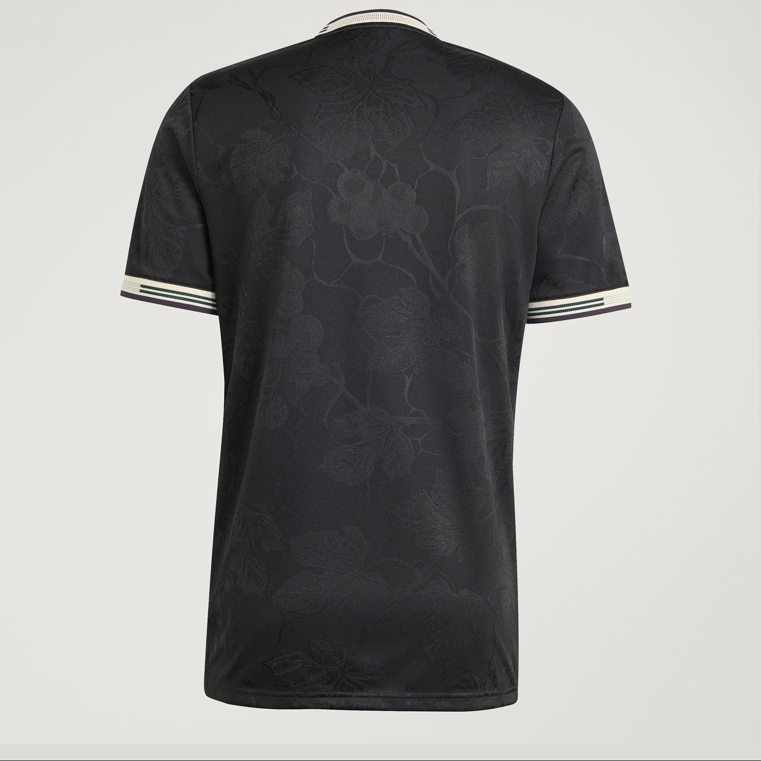 Black t-shirt with white floral pattern on a white background