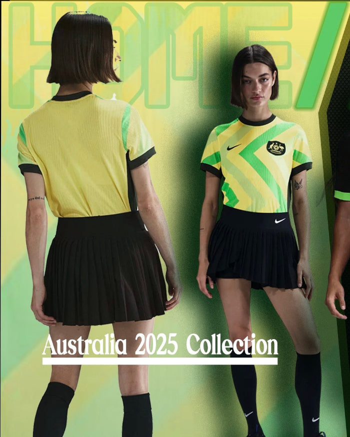 Two models wearing a yellow and green sports jersey with black shorts, standing against a green background with 'Chrome!' text. 'Australia 2025 Collection' text is visible.