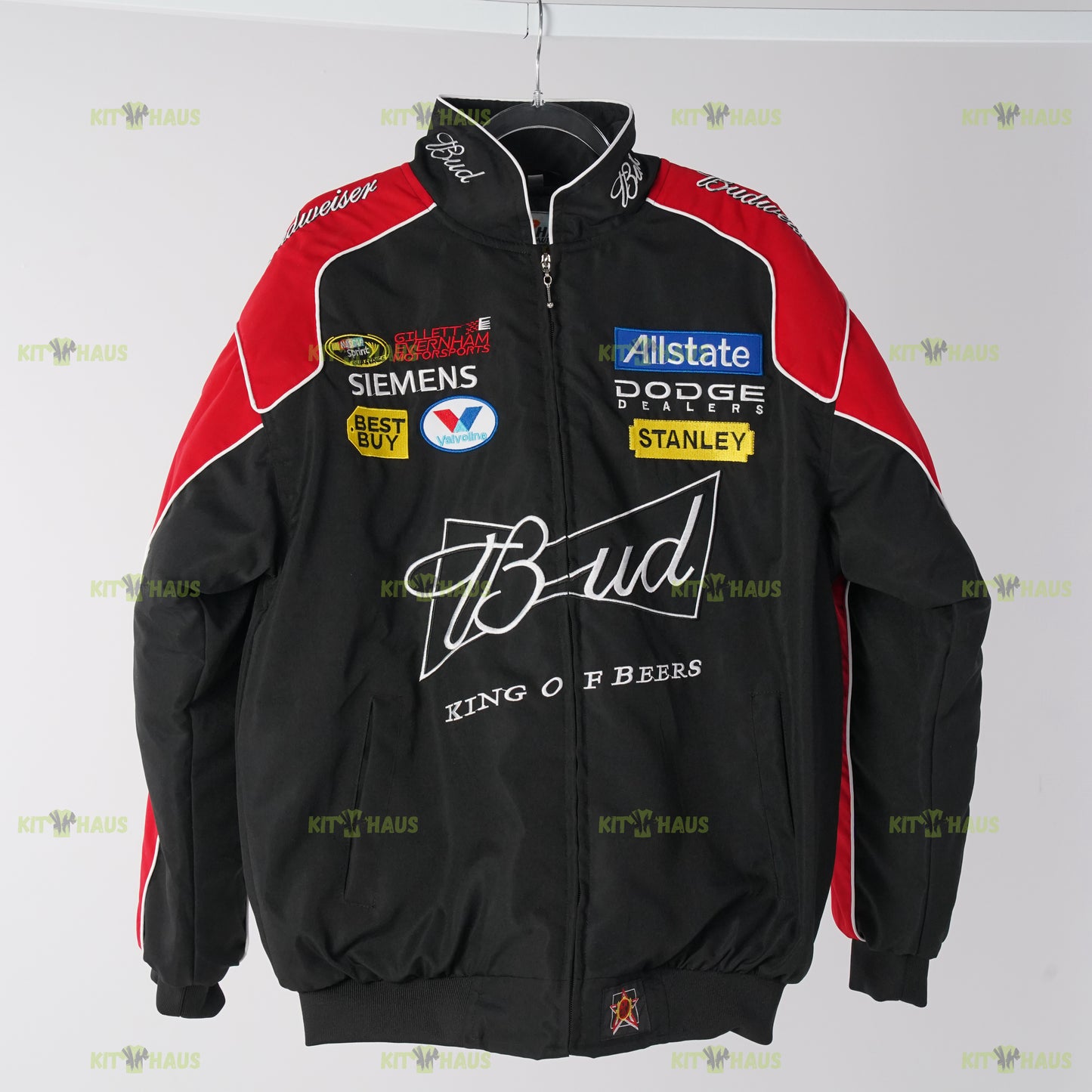 Budweiser Racing Jacket Black Red Embroidered Bomber NASCAR Style