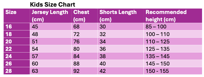 Kids size chart for clothing with measurements in centimeters