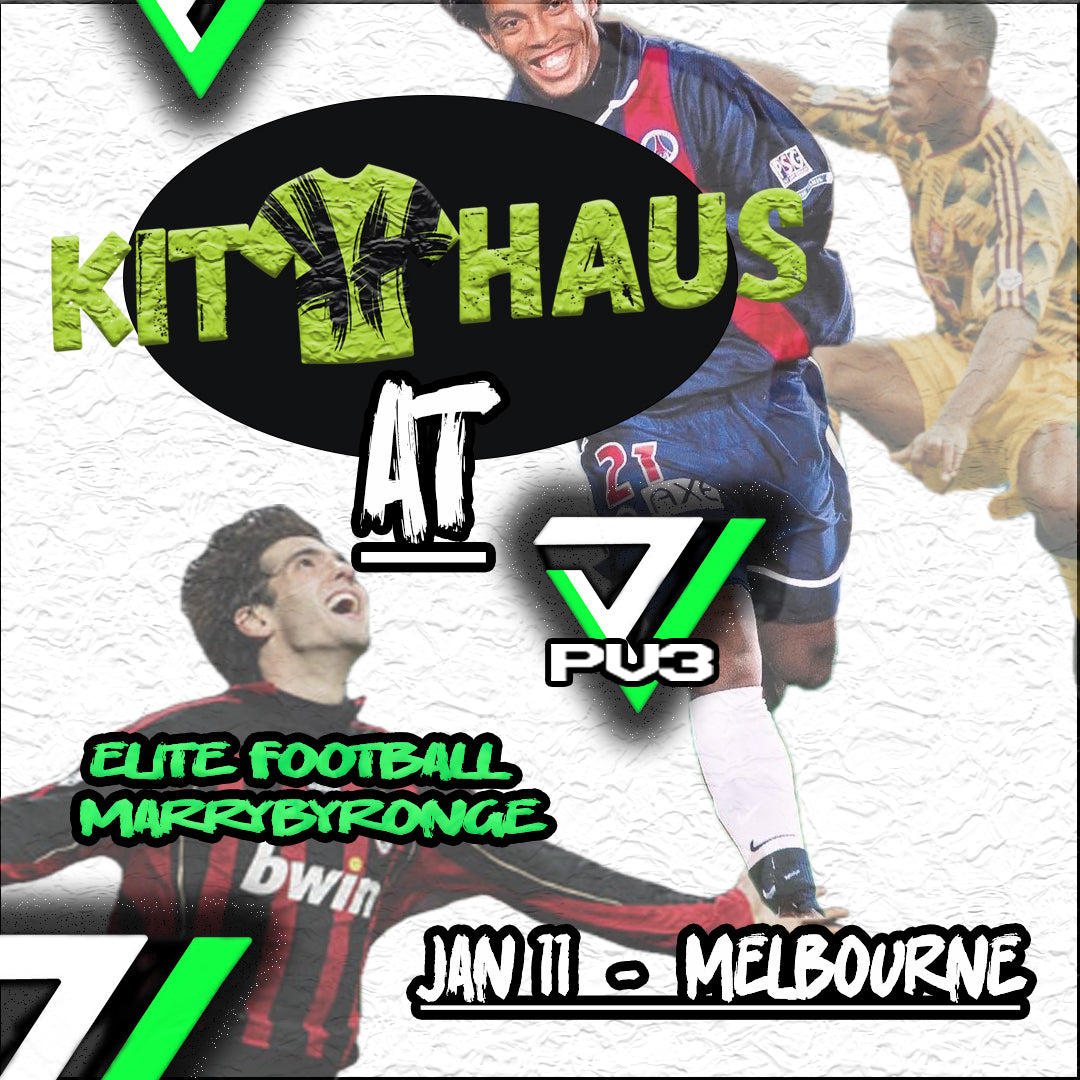 Promotional poster for a football event featuring players and branding elements.