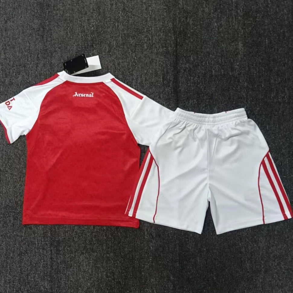 Adidas Arsenal 2025/26 home youth kit back view red shirt with white sleeves and white shorts
