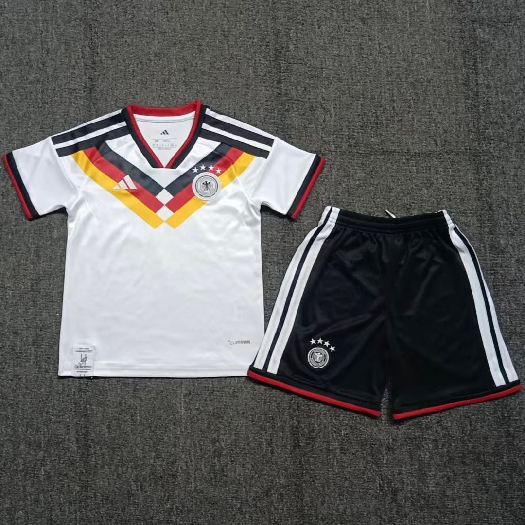 Adidas Germany home kit 2026/27 kids set front view white jersey with black shorts
