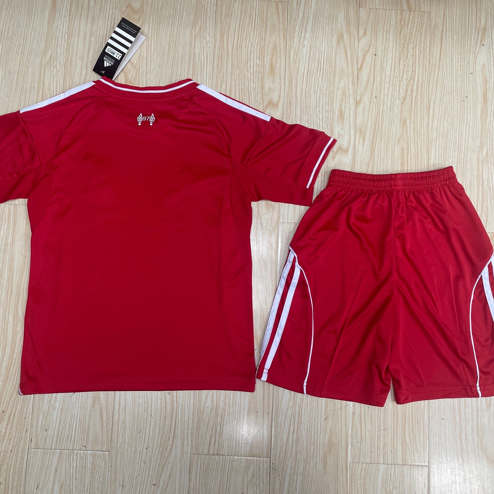 Adidas Liverpool 2025/26 home youth kit back view red shirt and matching red shorts