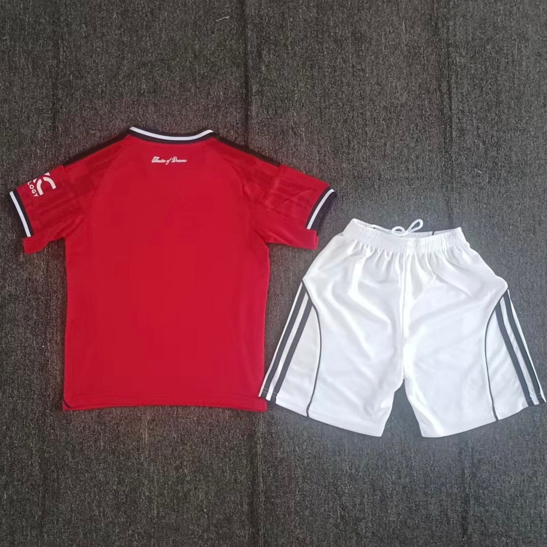 Adidas Manchester United 2025/26 home youth kit back view red shirt and white shorts