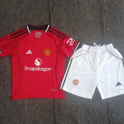 Adidas Manchester United 2025/26 home kids football kit front view red jersey with white shorts

