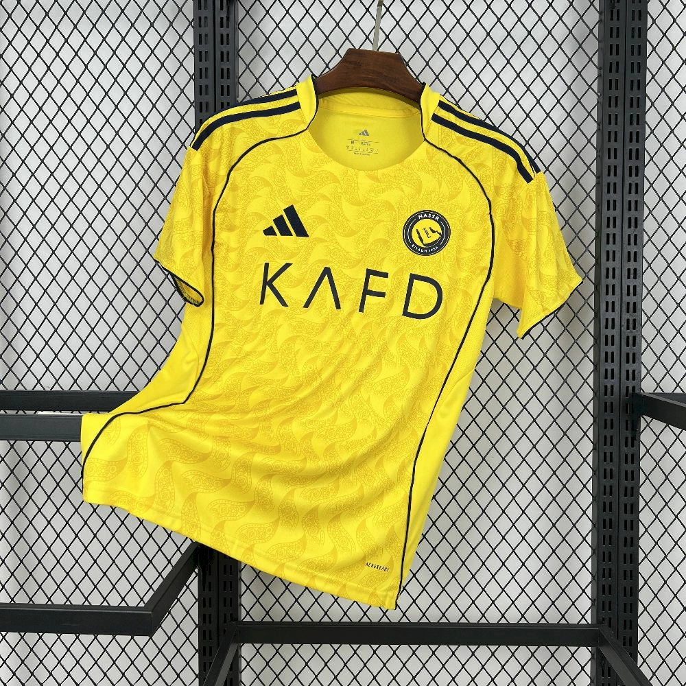 Al Nassr 2025/26 home jersey front view yellow football shirt
