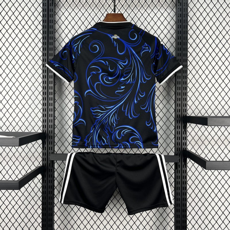 Argentina Away Jersey 2026 Kids Set back view with black and electric blue graphic shirt and matching black shorts