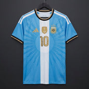Argentina x Messi Special Edition Jersey 2026 front view in sky blue and white with gold details, Argentina crest and number 10
