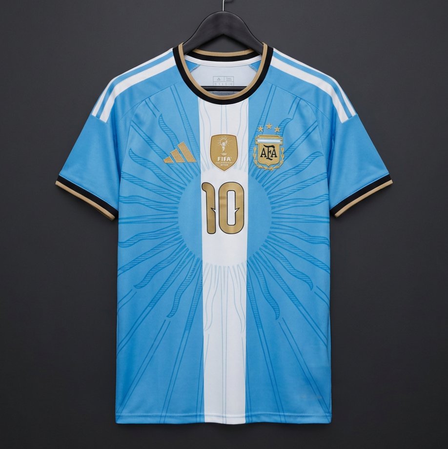 Argentina x Messi Special Edition Jersey 2026 front view in sky blue and white with gold details, Argentina crest and number 10