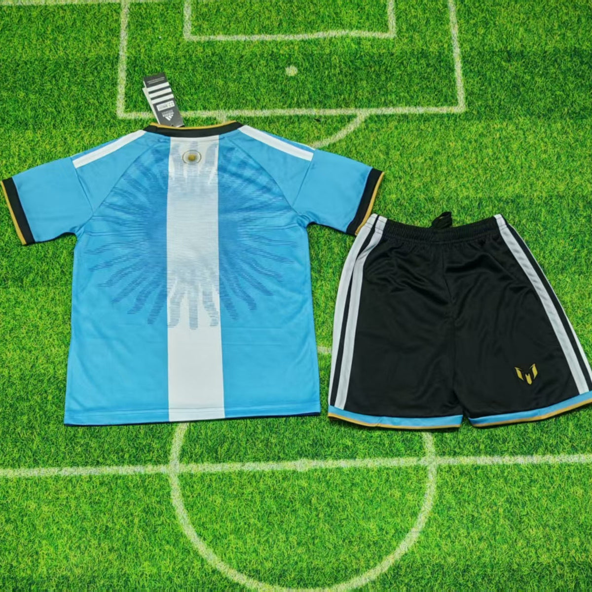 Argentina Special Edition Jersey 2026 Kids Set back view with sky blue and white shirt and matching black shorts