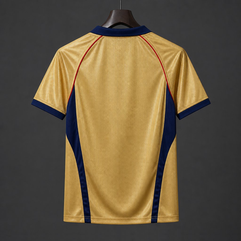 Arsenal Away Jersey 2001/02 back view in gold with navy collar, navy side panels and red piping