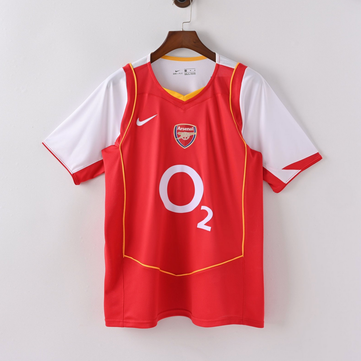 Arsenal Home Jersey 2004/05 front view in red with white sleeves and O2 sponsor