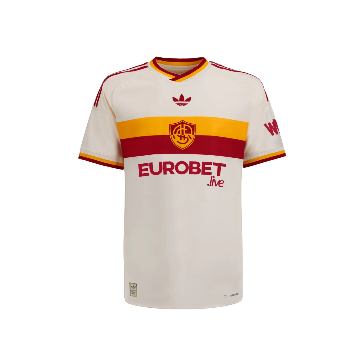 AS Roma Away Jersey 2026/27 front view in off-white with red and yellow chest stripes, club crest and EUROBET Live sponsor