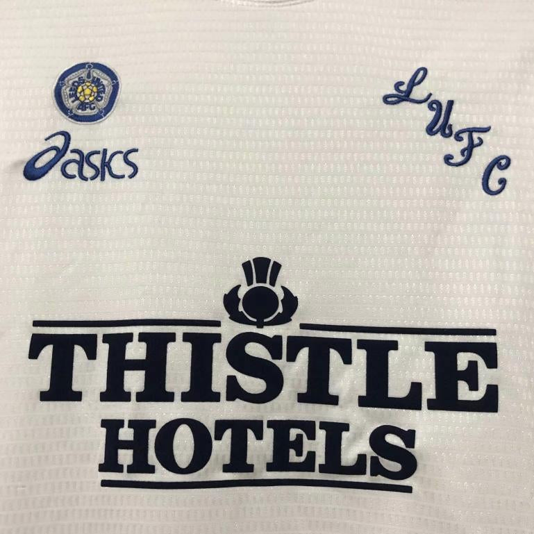 Asics Leeds United 1995 96 home shirt front view white with Thistle Hotels sponsor
