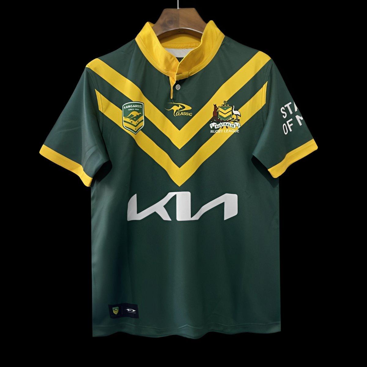 Australia Kangaroos Chevron Jersey 2026 front view with green base and gold V chevron