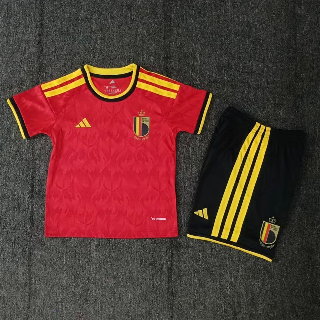 Belgium home kit 2026/27 kids set front view red jersey with black shorts
