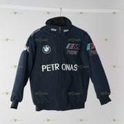 BMW Sauber F1 Team racing jacket black front view with sponsor logos
