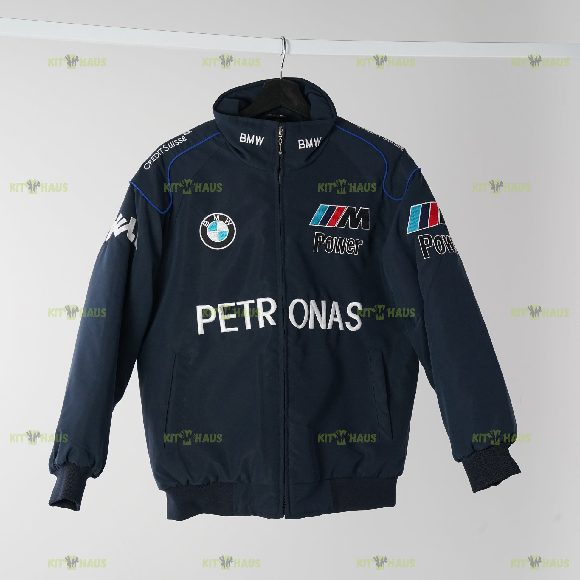 BMW Sauber F1 Team racing jacket black front view with sponsor logos
