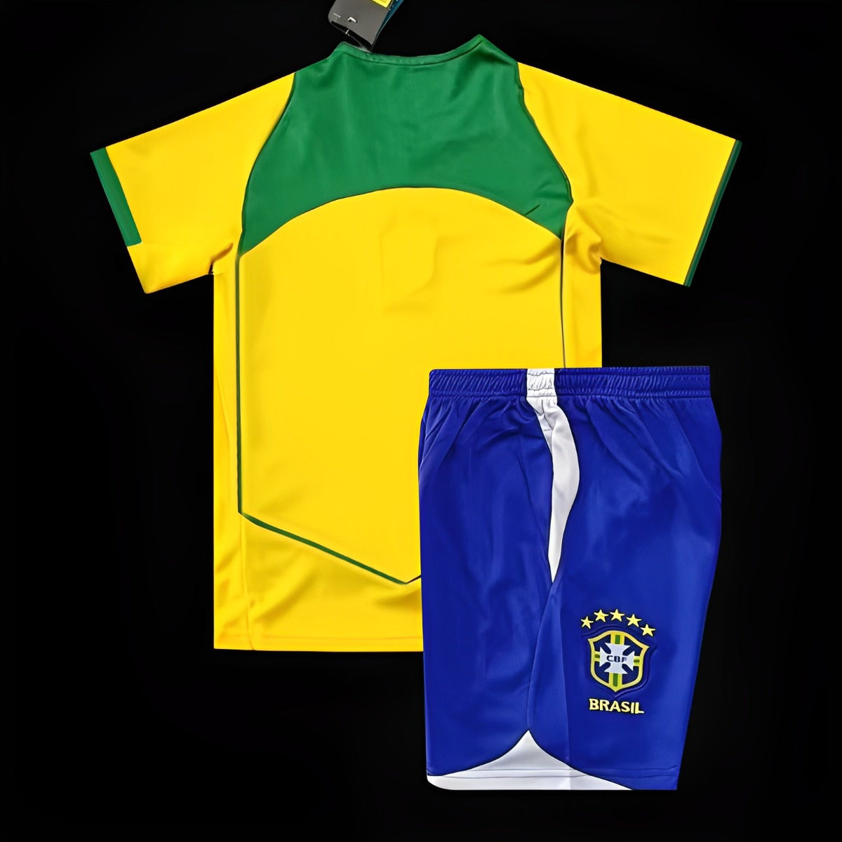 Brazil Home 2004 Kids Set back view with yellow and green shirt design and matching blue shorts