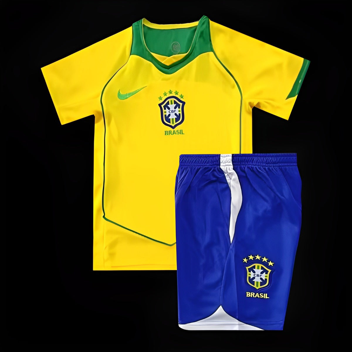 Brazil Home 2004 Kids Set front view with yellow shirt, green trim, Brazil crest and matching blue shorts