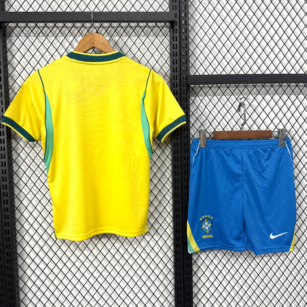 Brazil Home 2026 Kids Set back view with yellow jersey and blue shorts