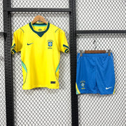 Brazil Home 2026 Kids Set front view with yellow jersey and blue shorts