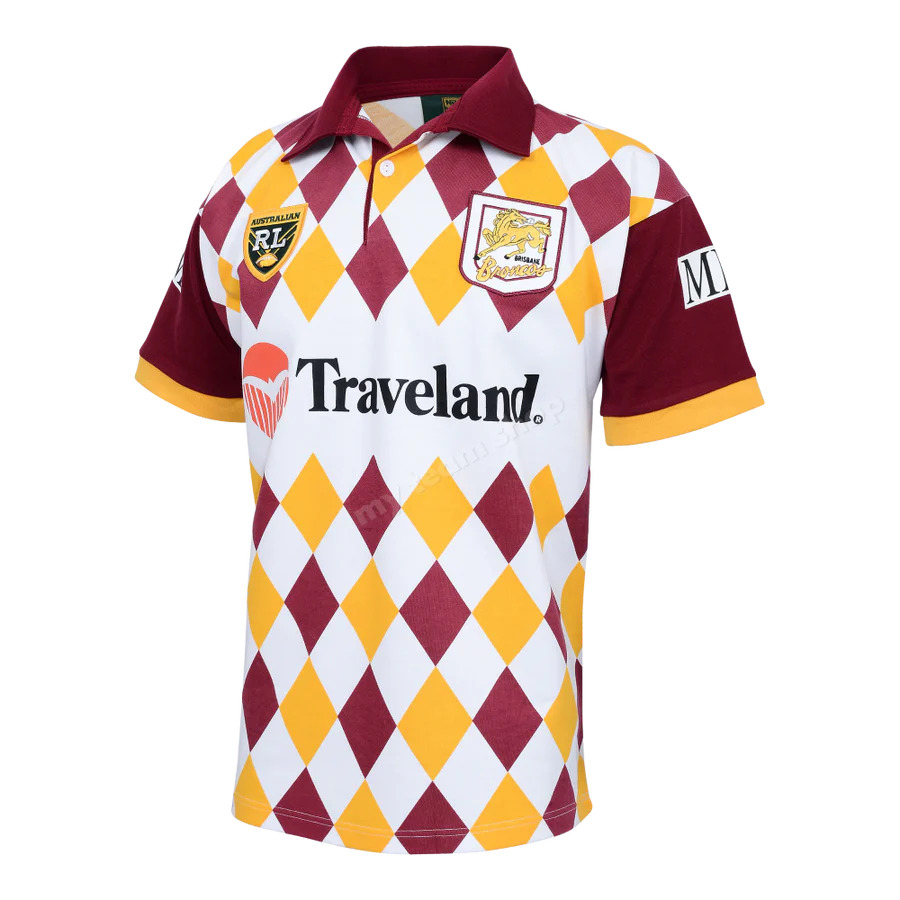 Brisbane Broncos 1995 NRL retro jersey front view maroon gold and white diamond design

