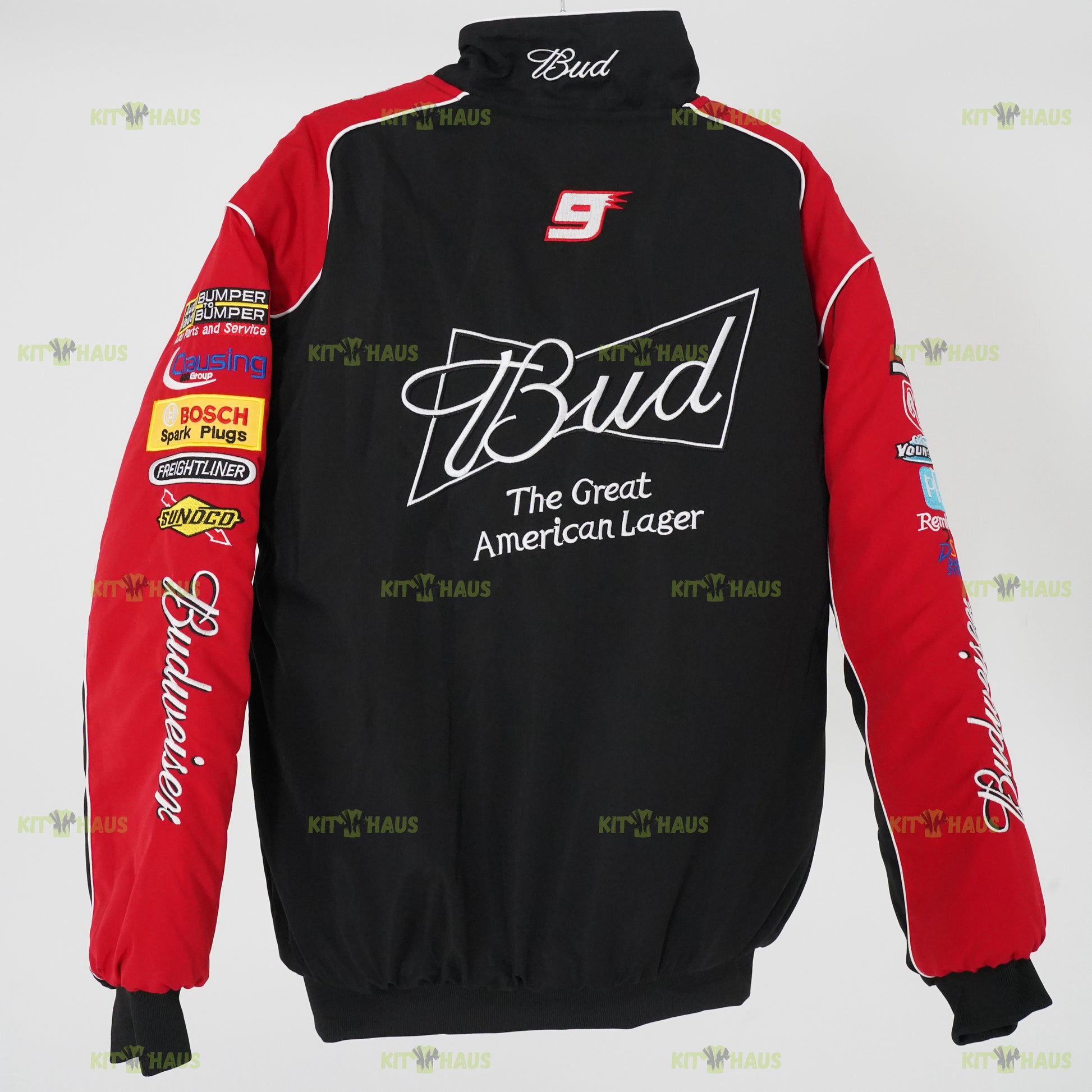 Budweiser racing jacket black and red embroidered bomber back view