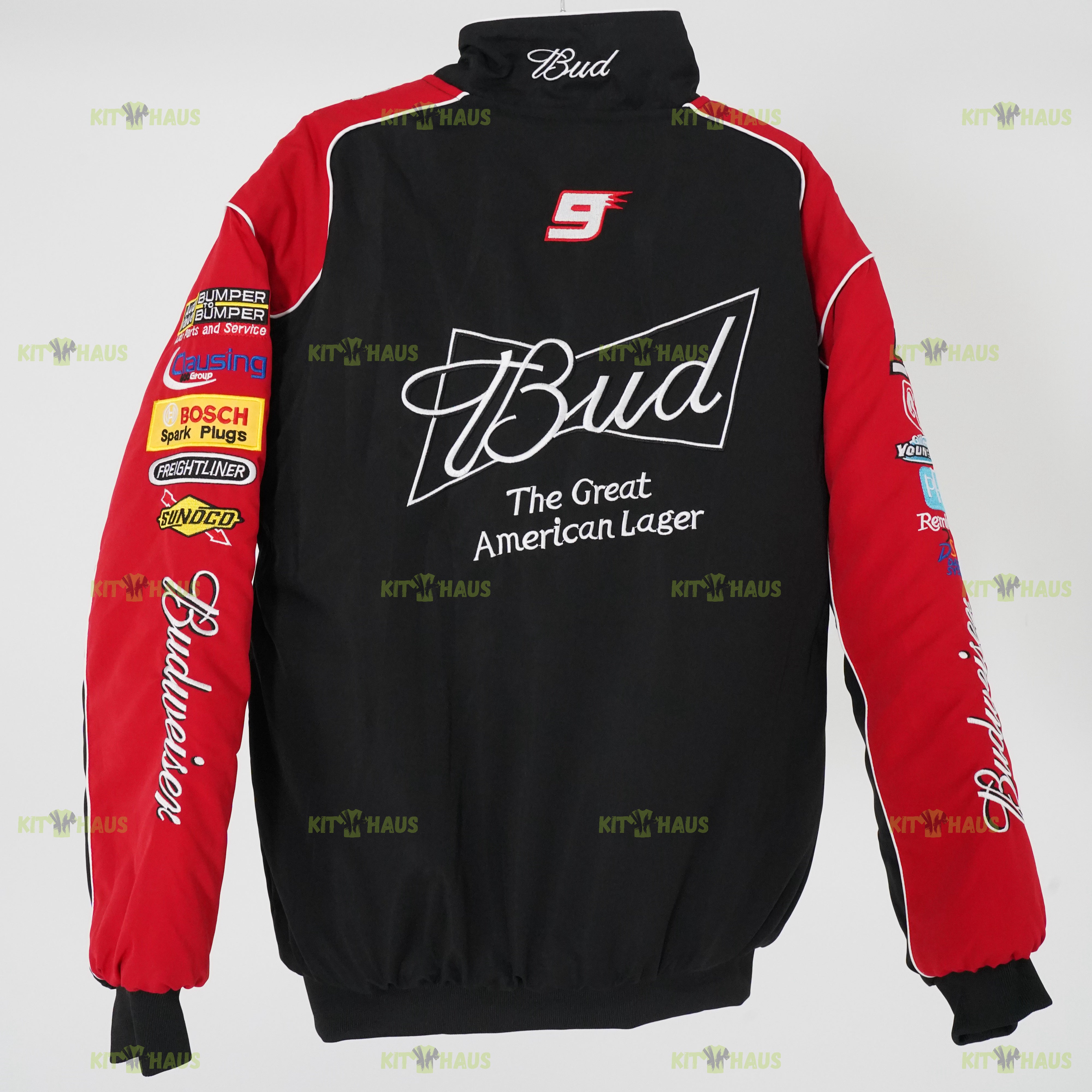 Budweiser racing jacket black and red embroidered bomber back view