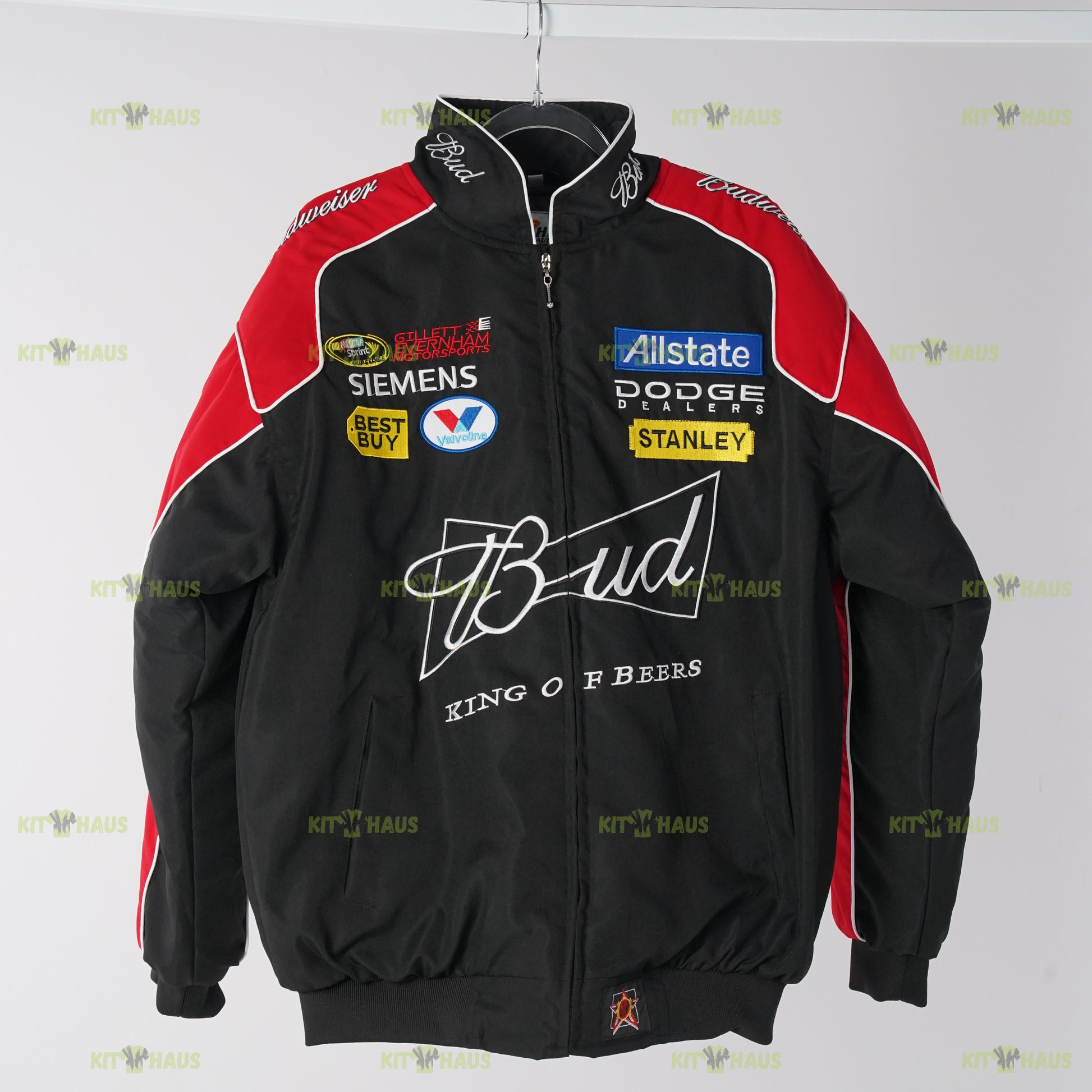 Budweiser racing jacket black and red embroidered bomber front view