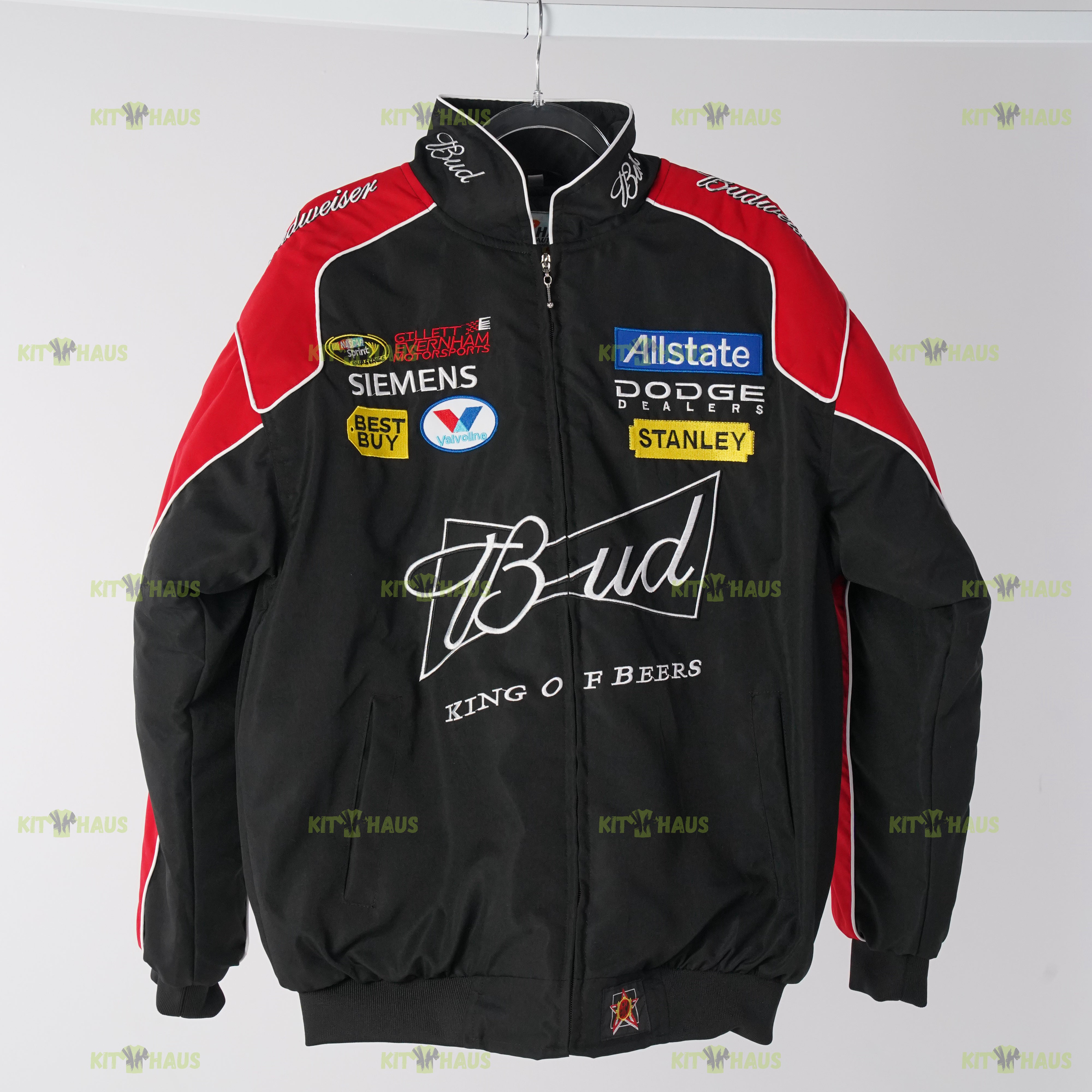 Budweiser racing jacket black and red embroidered bomber front view