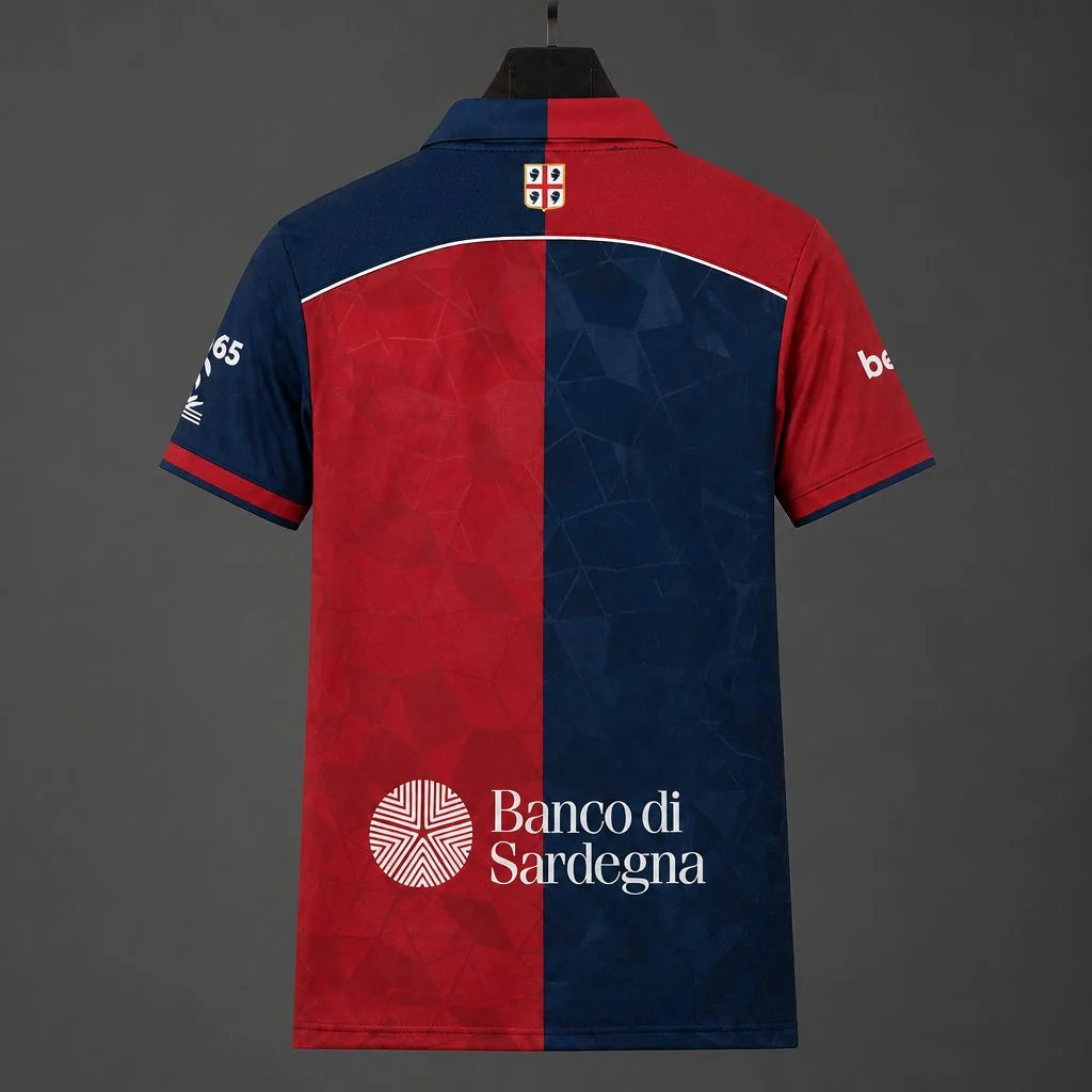 Cagliari Home Jersey 2026/27 back view with red and navy split design, geometric pattern and Banco di Sardegna sponsor