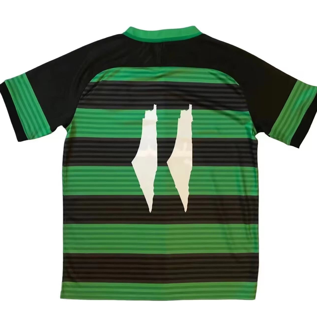 CD Palestine 2024/25 green jersey with black horizontal stripes and Arabic text back view