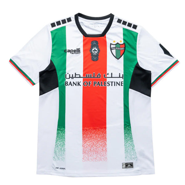 CD Palestino 2024/25 home jersey white with red and green vertical stripes front view