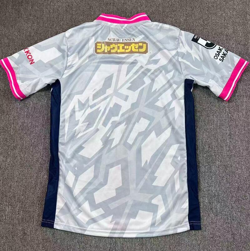 Cerezo Osaka Away Jersey 2026/27 back view in light grey with pink sleeve trim and graphic pattern
