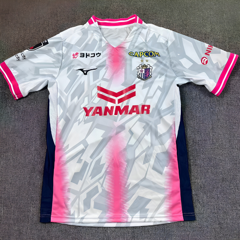 Cerezo Osaka Away Jersey 2026/27 front view in light grey with pink accents, club crest and Yanmar sponsor