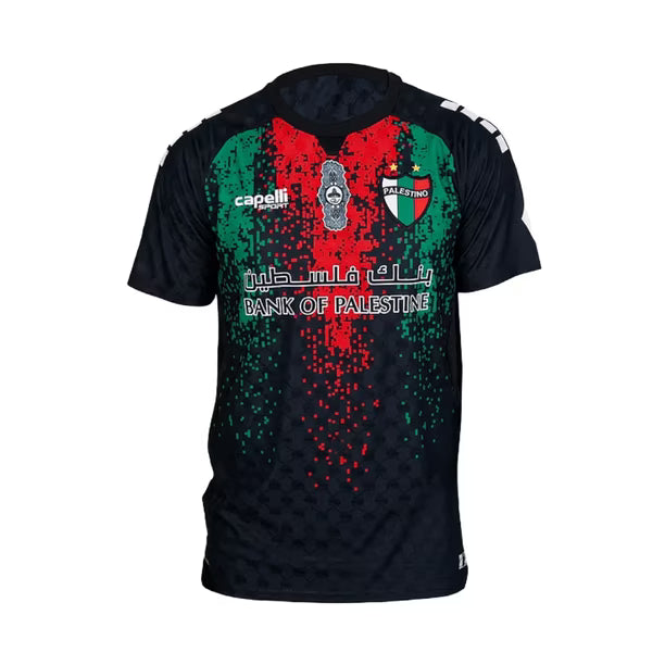 Club Deportivo Palestino Away Jersey 2026/27 front view in black with red and green graphic detailing, club crest and Bank of Palestine sponsor