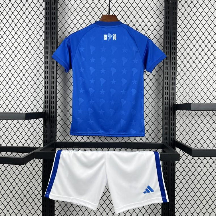 Cruzeiro Home Jersey 2026 Kids Set back view with blue jersey and white shorts