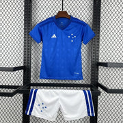 Cruzeiro Home Jersey 2026 Kids Set front view with blue jersey and white shorts
