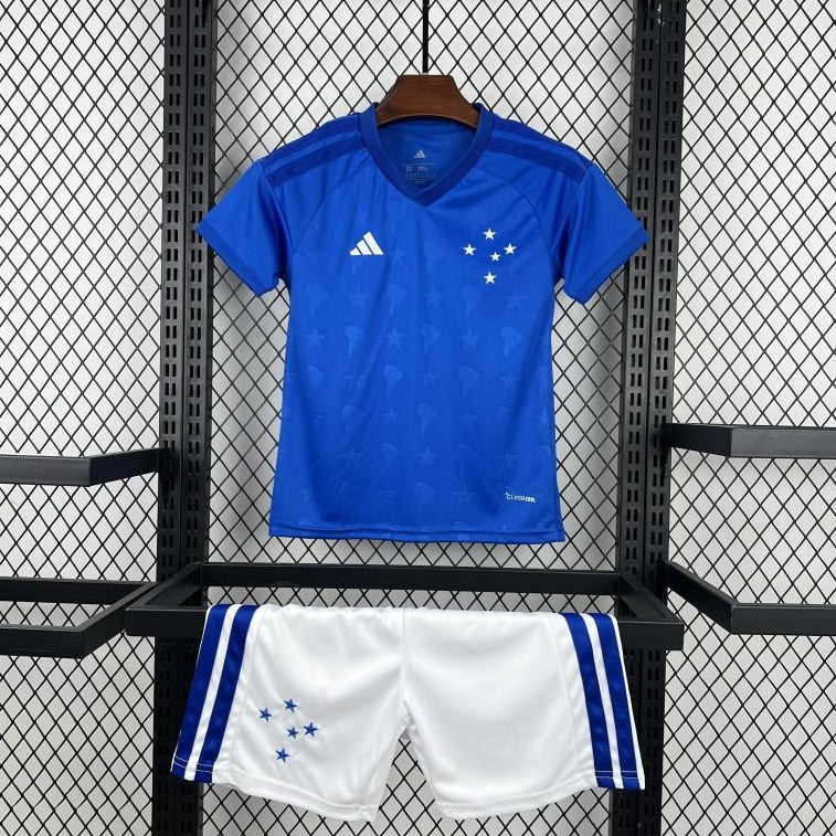Cruzeiro Home Jersey 2026 Kids Set front view with blue jersey and white shorts