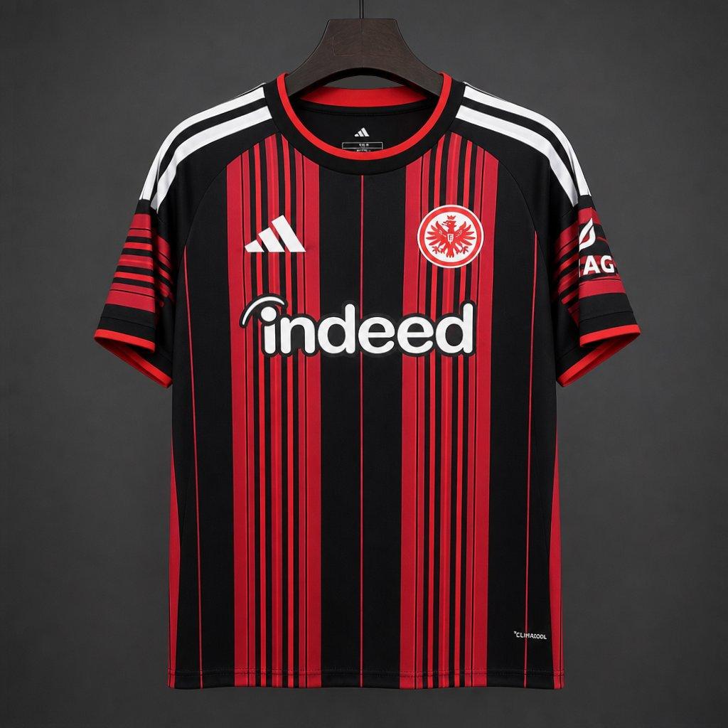 Eintracht Frankfurt Home Jersey 2026/27 front view with black and red vertical stripes
