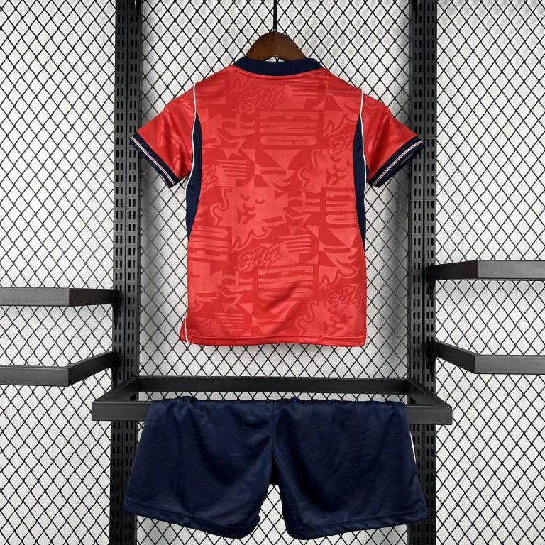 England Away Kit 2026 Kids Set back view with red jersey and navy shorts