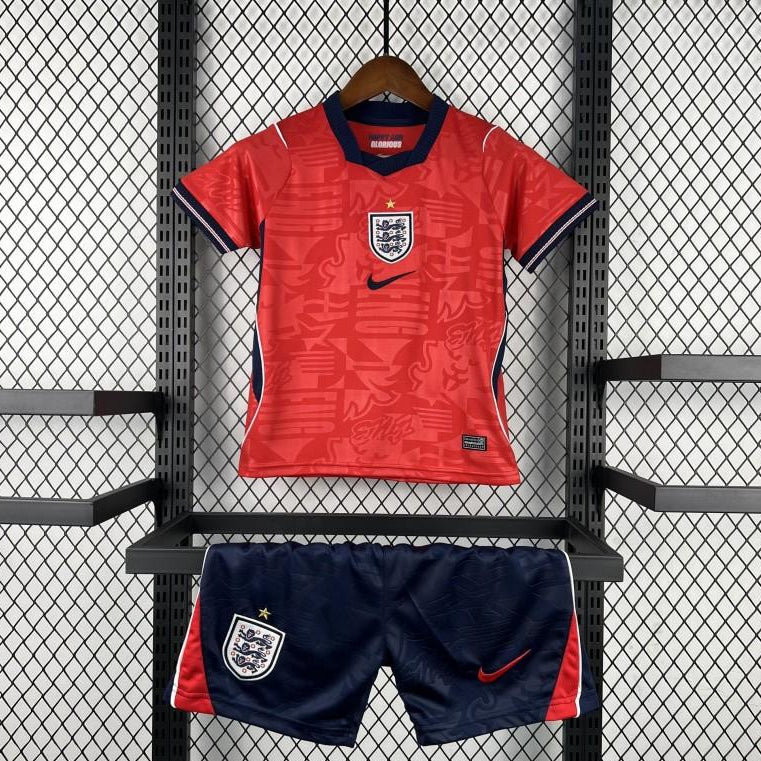 England Away Kit 2026 Kids Set front view with red jersey and navy shorts