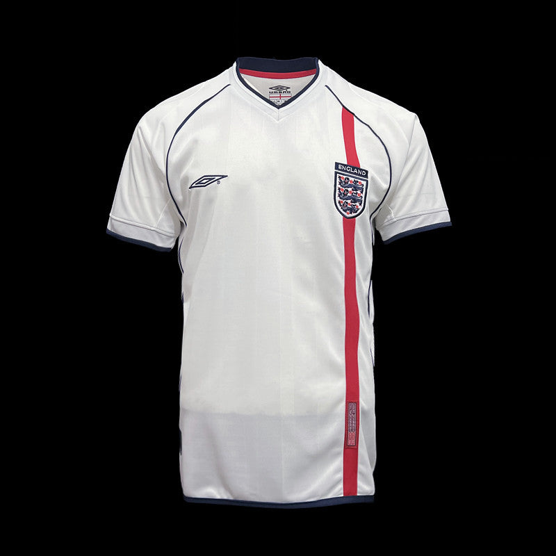 England Home Jersey 2002 front view in white with red vertical stripe, navy trim and England crest