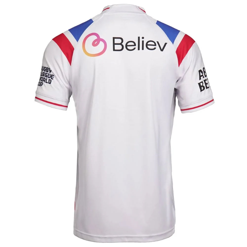 England Rugby League World Cup 2026 Home Jersey back view, white with red and blue shoulder details and sponsor graphic