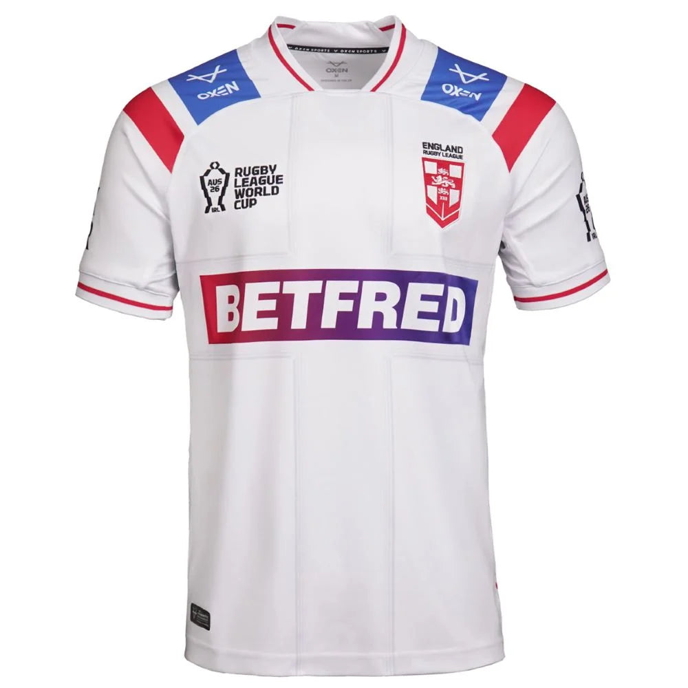 England Rugby League World Cup 2026 Home Jersey front view, white with red and blue shoulder panels, England Rugby League crest and Betfred sponsor