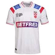 England Rugby League World Cup 2026 Home Jersey front view, white with red and blue shoulder panels, England Rugby League crest and Betfred sponsor